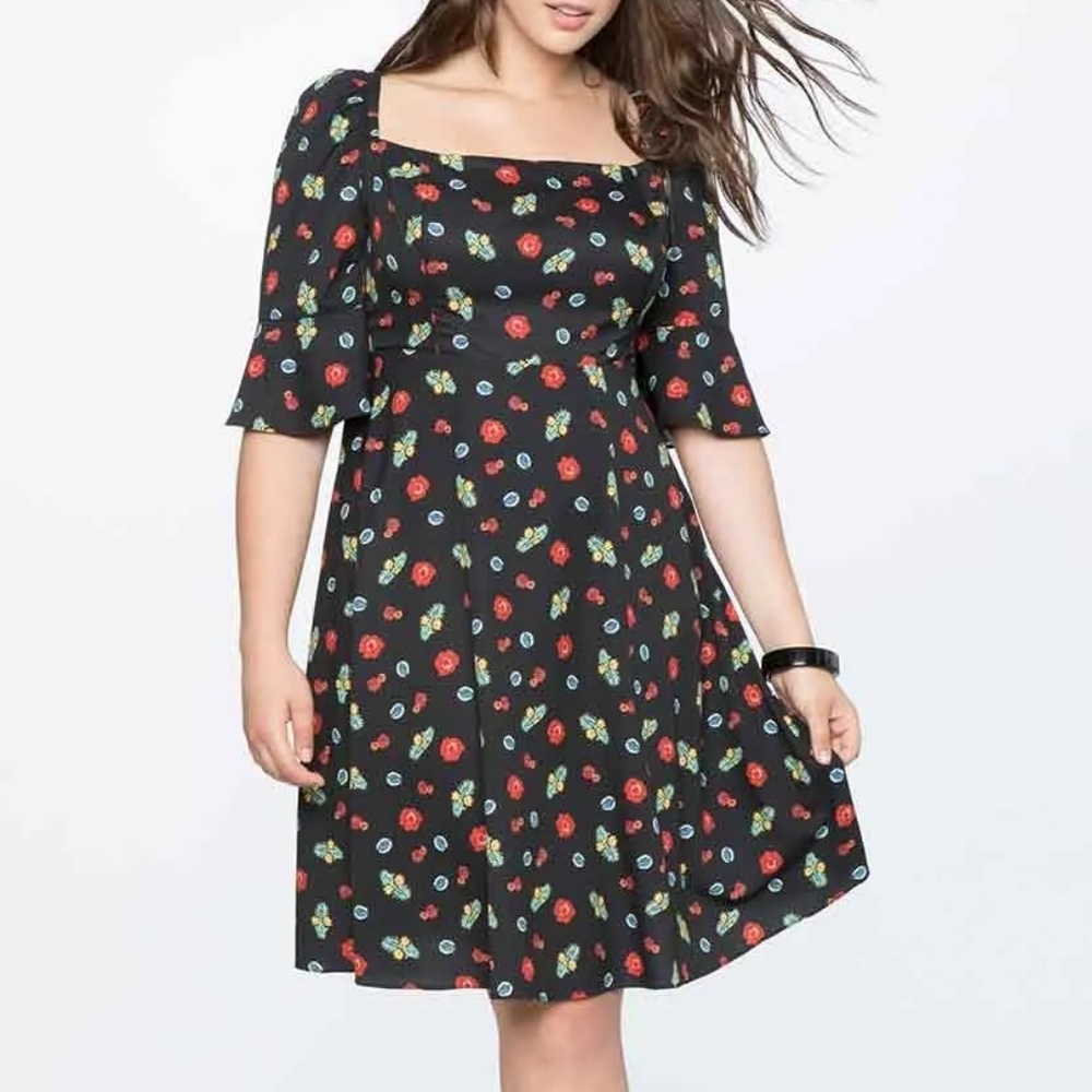ELOQUII Printed Square Neck Fit and Flare Dress Size 16